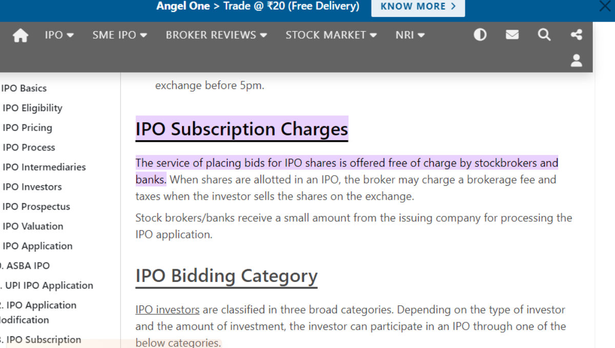 IPO Subscription Charges